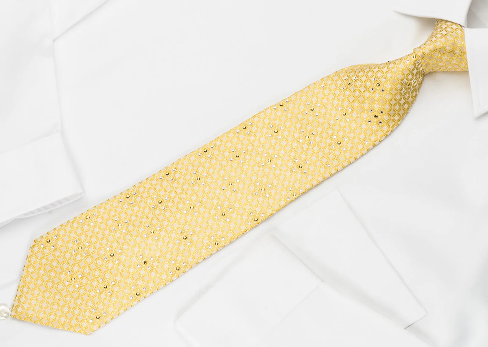 Nina Ricci Rhinestone Necktie Peach Orange Yellow Geometric Circles On Peach Silk Tie