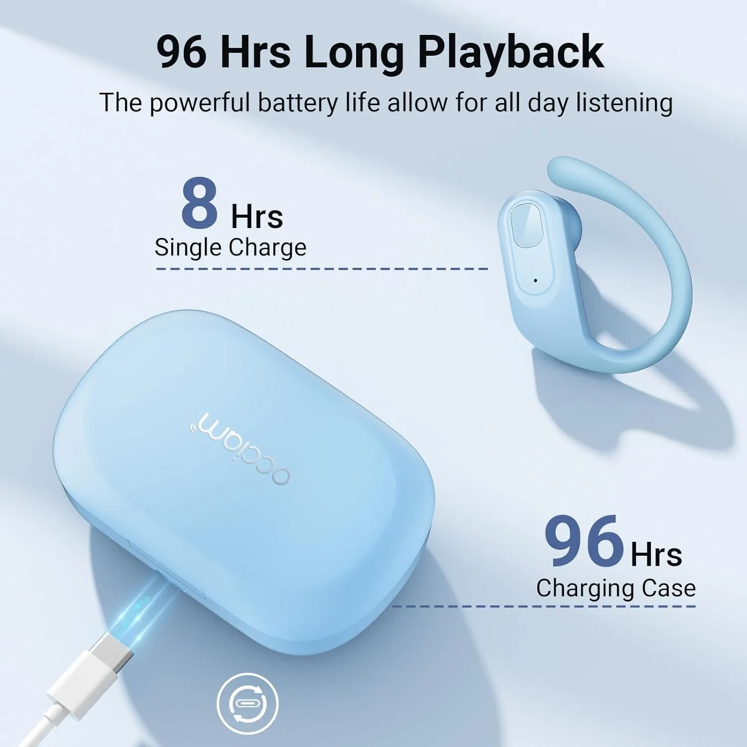 occiam Wireless Earbuds Bluetooth Headphones Ear Buds 96Hrs Playback Sport Over-Ear Waterproof Wireless Headphones Earphones with Earhooks ENC Mics Clear Call for Sport Running Workout Pastel Blue