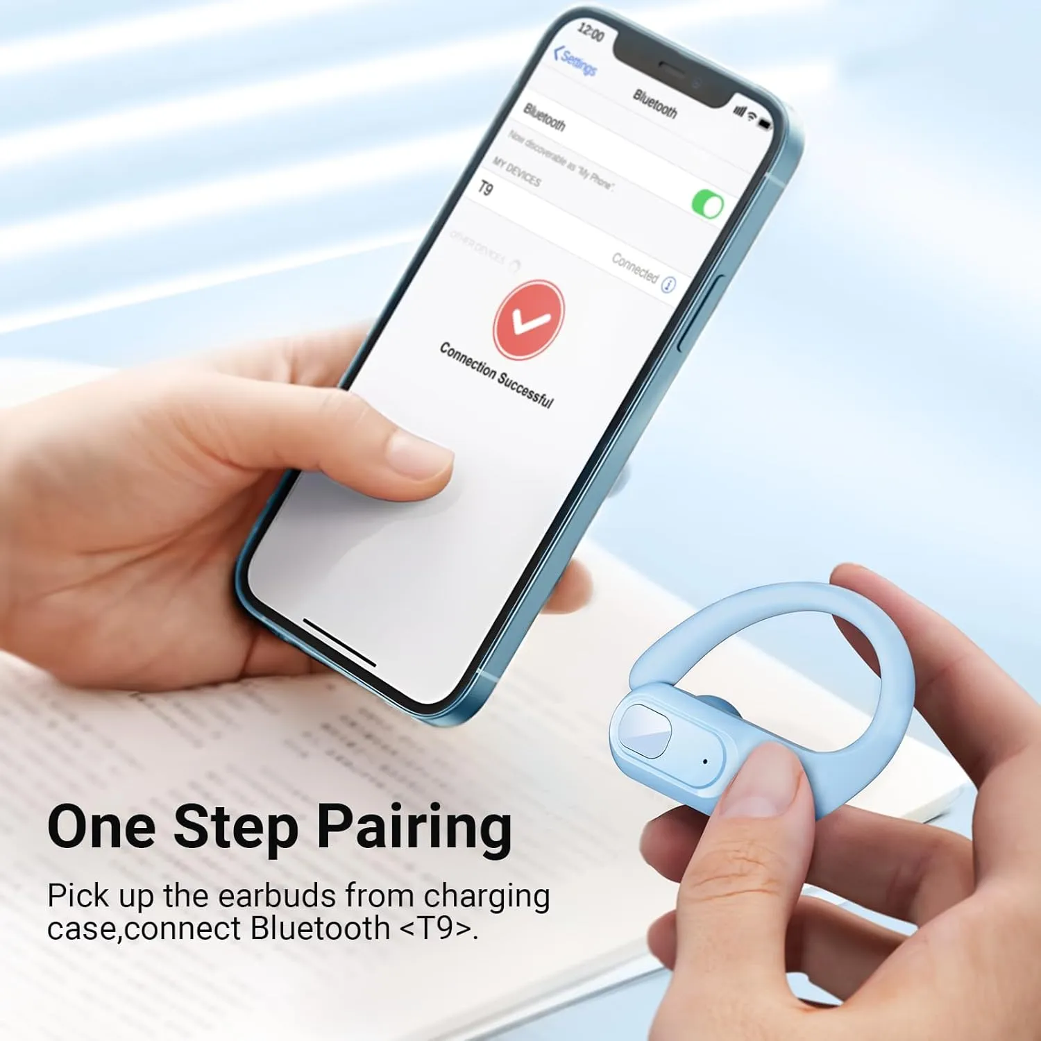 occiam Wireless Earbuds Bluetooth Headphones Ear Buds 96Hrs Playback Sport Over-Ear Waterproof Wireless Headphones Earphones with Earhooks ENC Mics Clear Call for Sport Running Workout Pastel Blue
