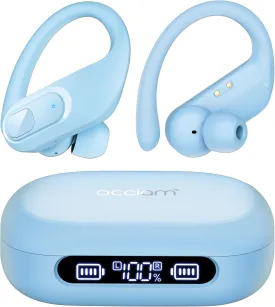 occiam Wireless Earbuds Bluetooth Headphones Ear Buds 96Hrs Playback Sport Over-Ear Waterproof Wireless Headphones Earphones with Earhooks ENC Mics Clear Call for Sport Running Workout Pastel Blue