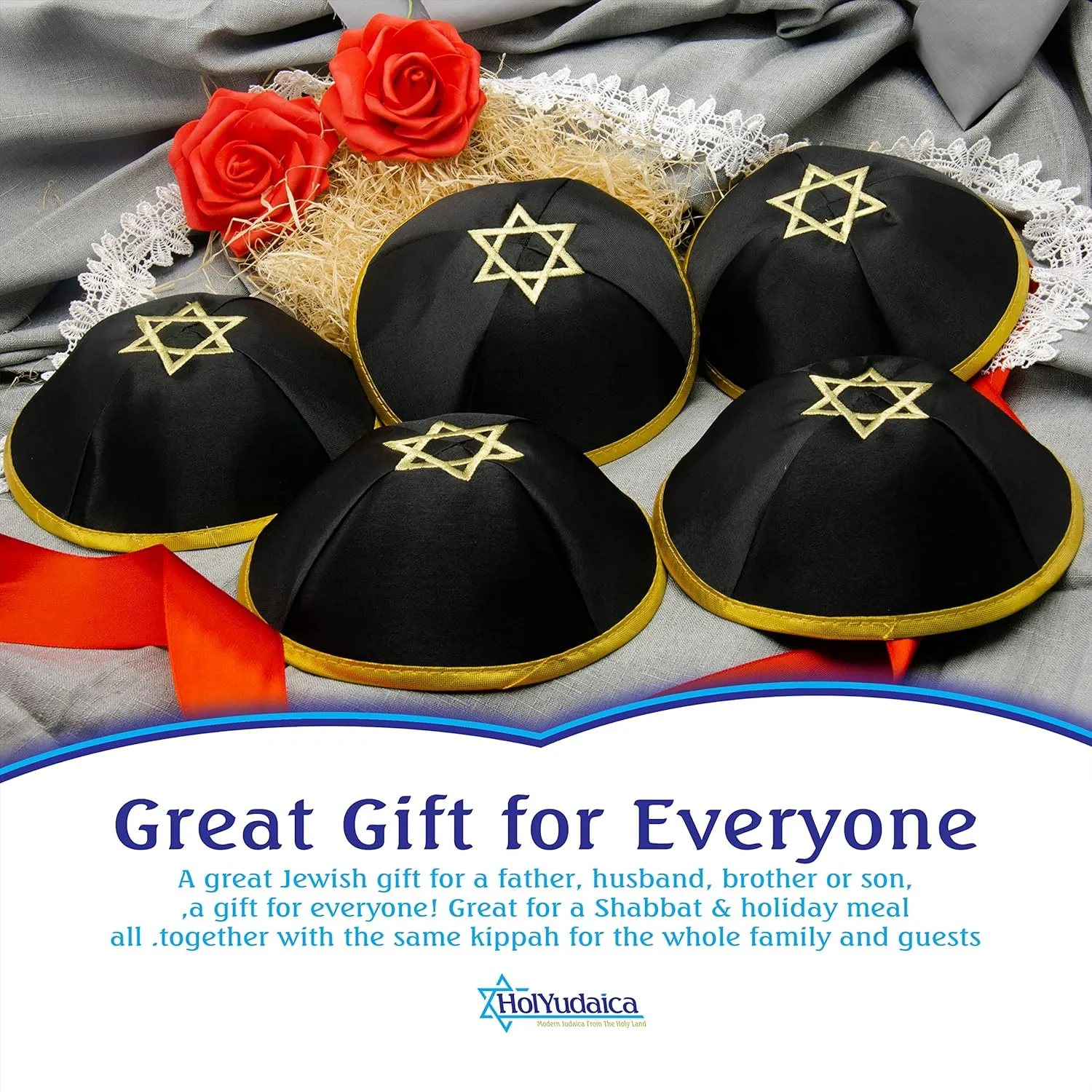 Pack of 5-Pcs Hq 20cm Satin/Velvet Kippah with Silver/Gold String Star of David for Men & Boys, Israel Kippot Bulk