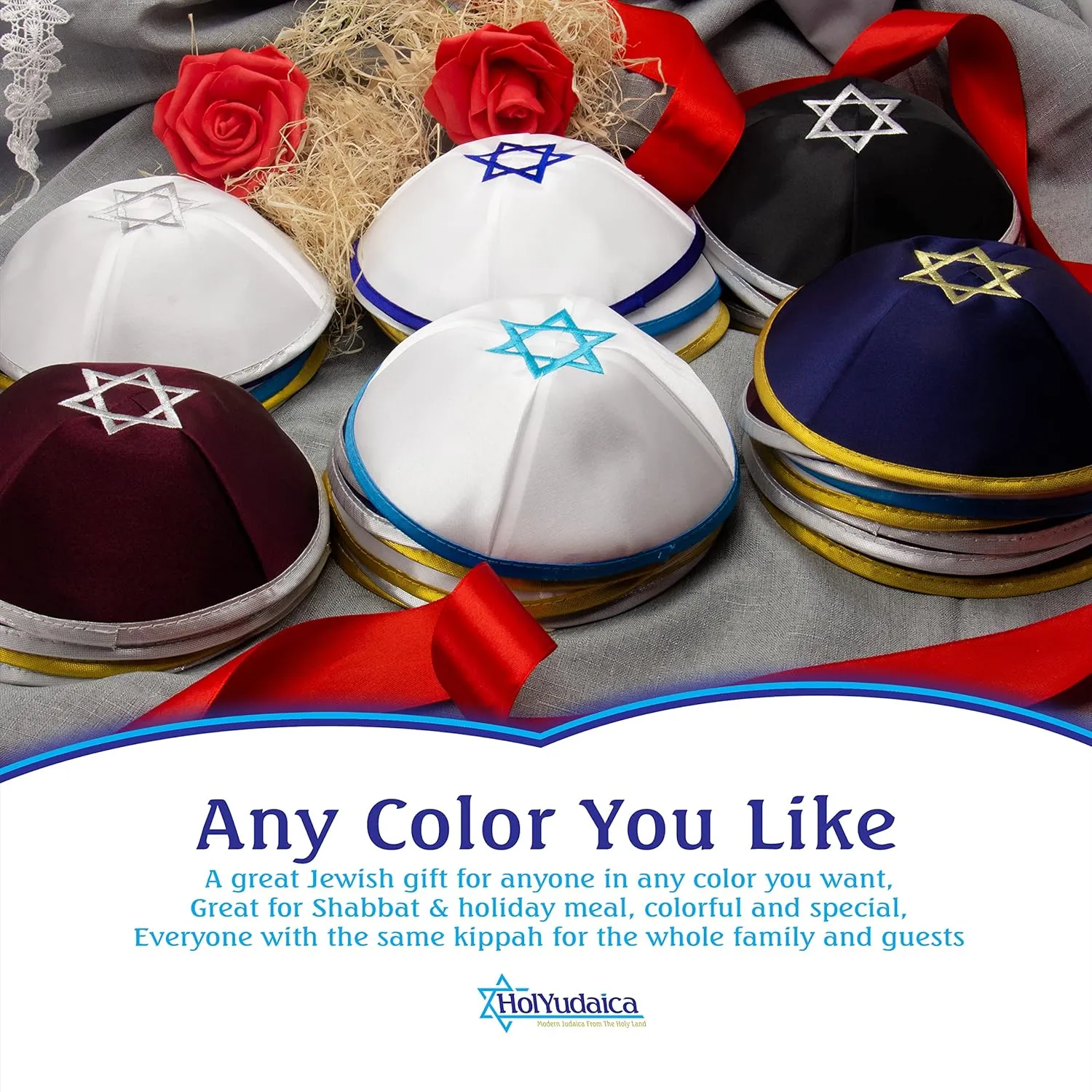 Pack of 5-Pcs Hq 20cm Satin/Velvet Kippah with Silver/Gold String Star of David for Men & Boys, Israel Kippot Bulk