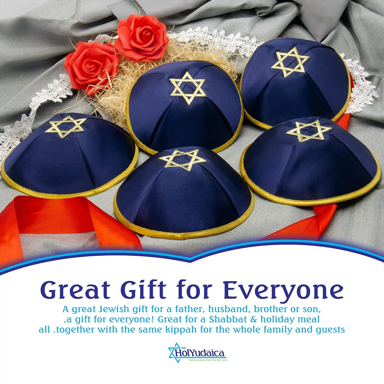 Pack of 5-Pcs Hq 20cm Satin/Velvet Kippah with Silver/Gold String Star of David for Men & Boys, Israel Kippot Bulk