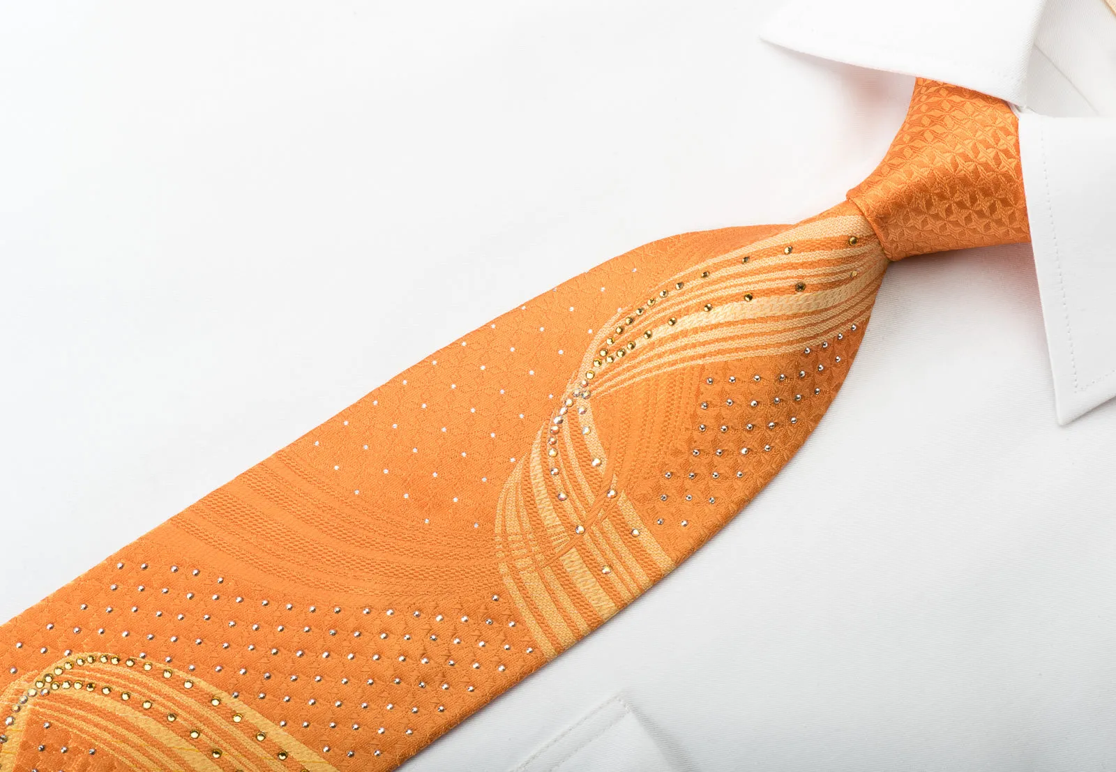 Paco Rabanne Silk Rhinestone Necktie Curles On Orange With Silver Sparkles