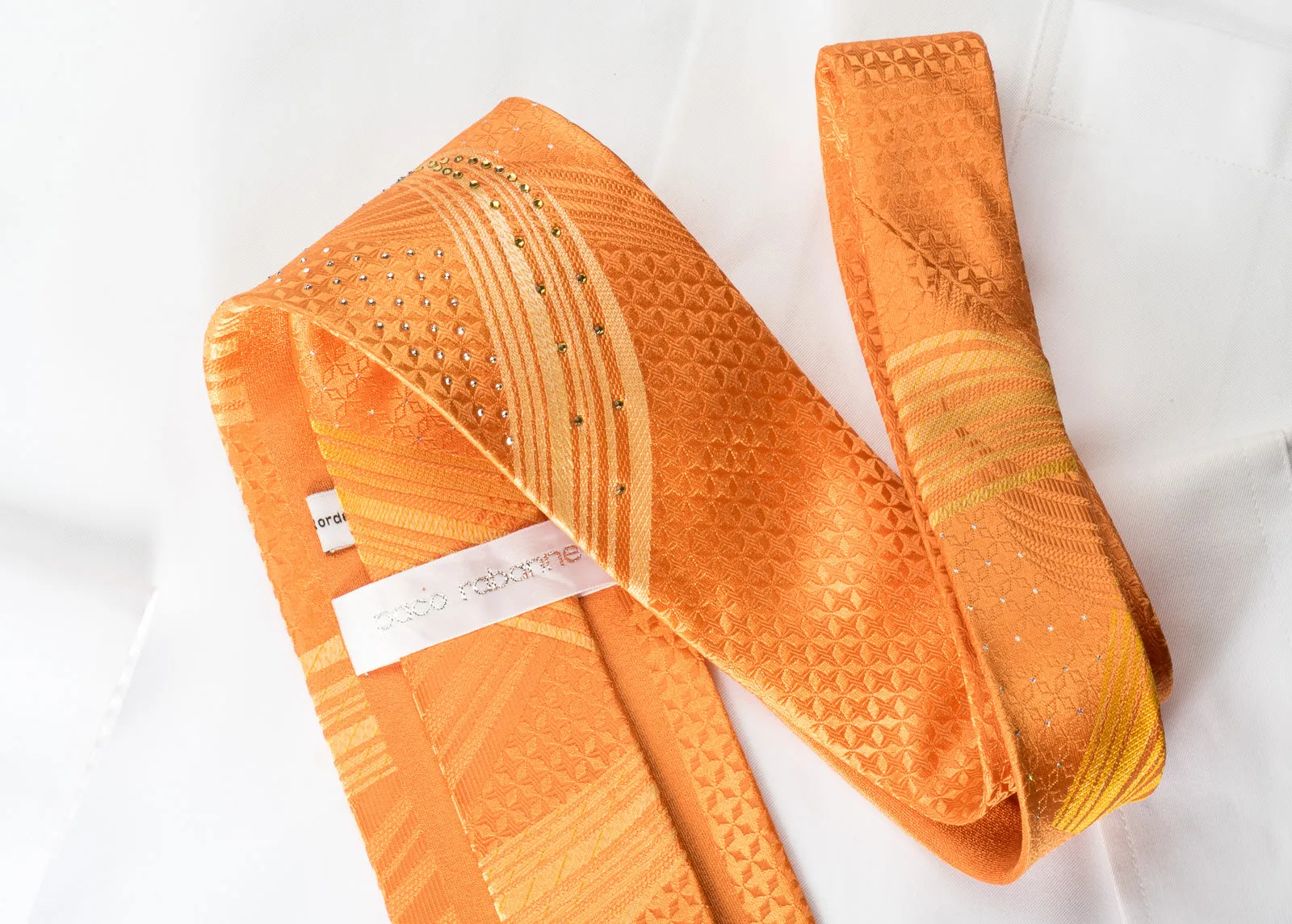 Paco Rabanne Silk Rhinestone Necktie Curles On Orange With Silver Sparkles