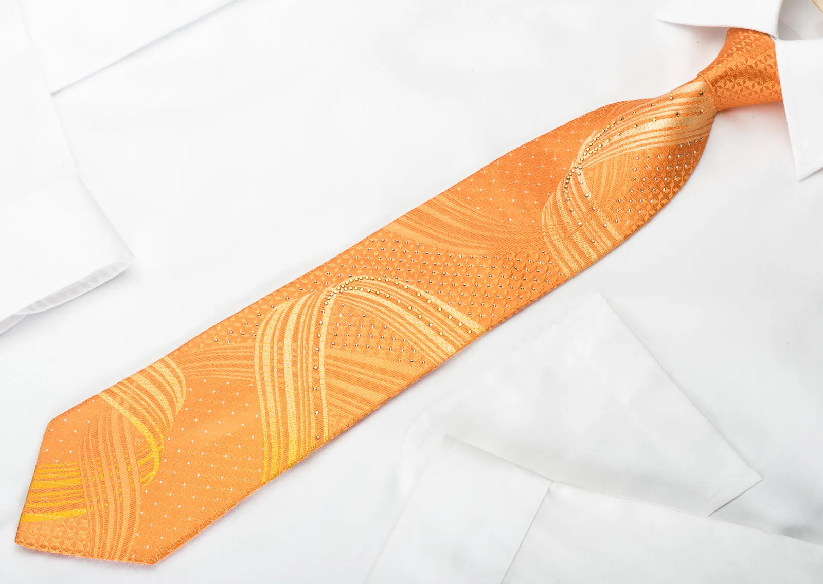 Paco Rabanne Silk Rhinestone Necktie Curles On Orange With Silver Sparkles