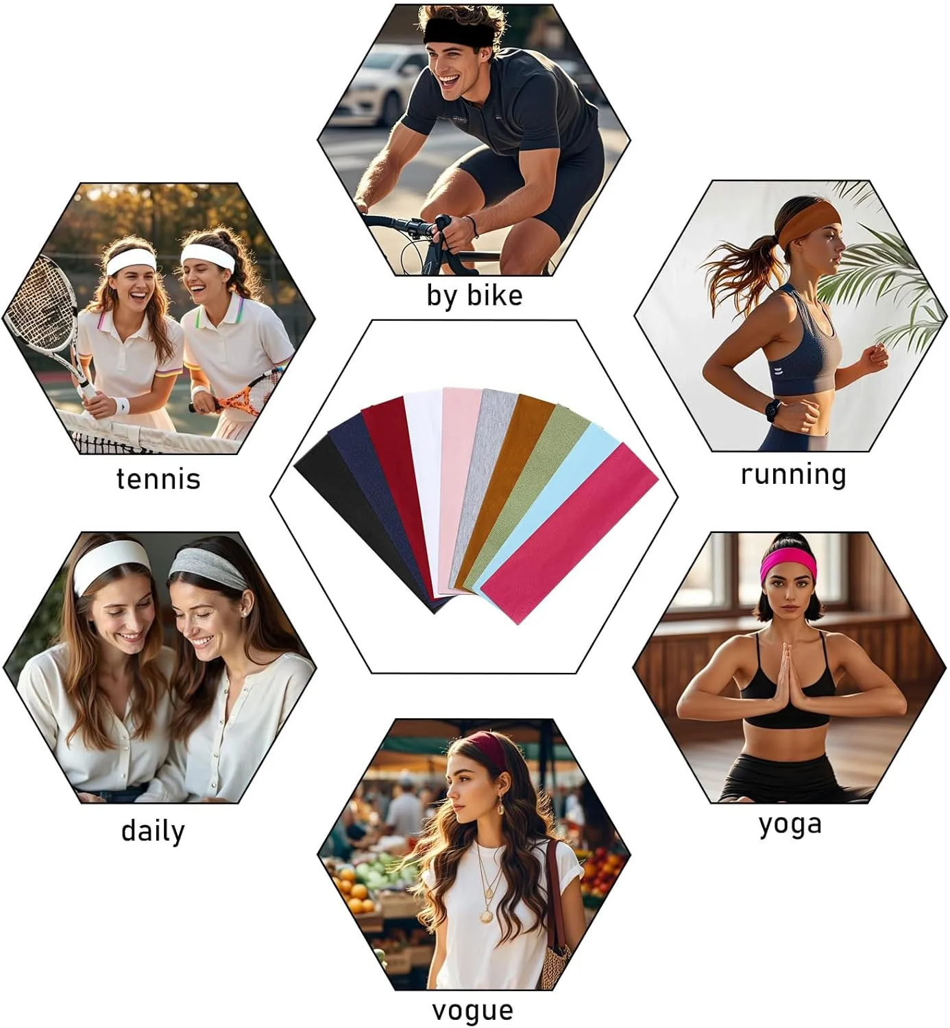 Picheng Headbands for Women Non Slip,10 PCS Soft Cotton Cloth Stretchy Headbands, Stylish Sports Hair Bands for Women's Hair for Women for Workout Yoga Running