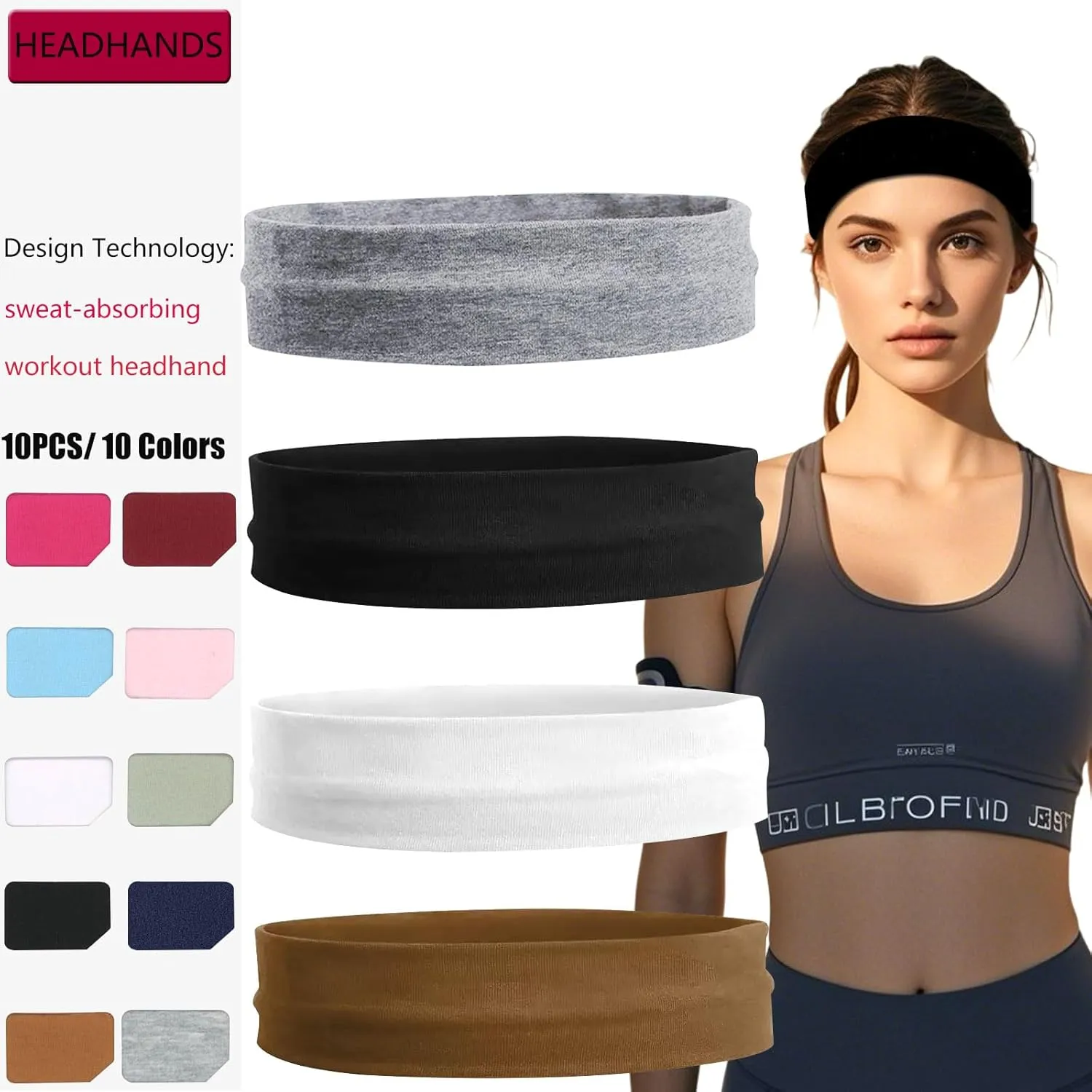 Picheng Headbands for Women Non Slip,10 PCS Soft Cotton Cloth Stretchy Headbands, Stylish Sports Hair Bands for Women's Hair for Women for Workout Yoga Running