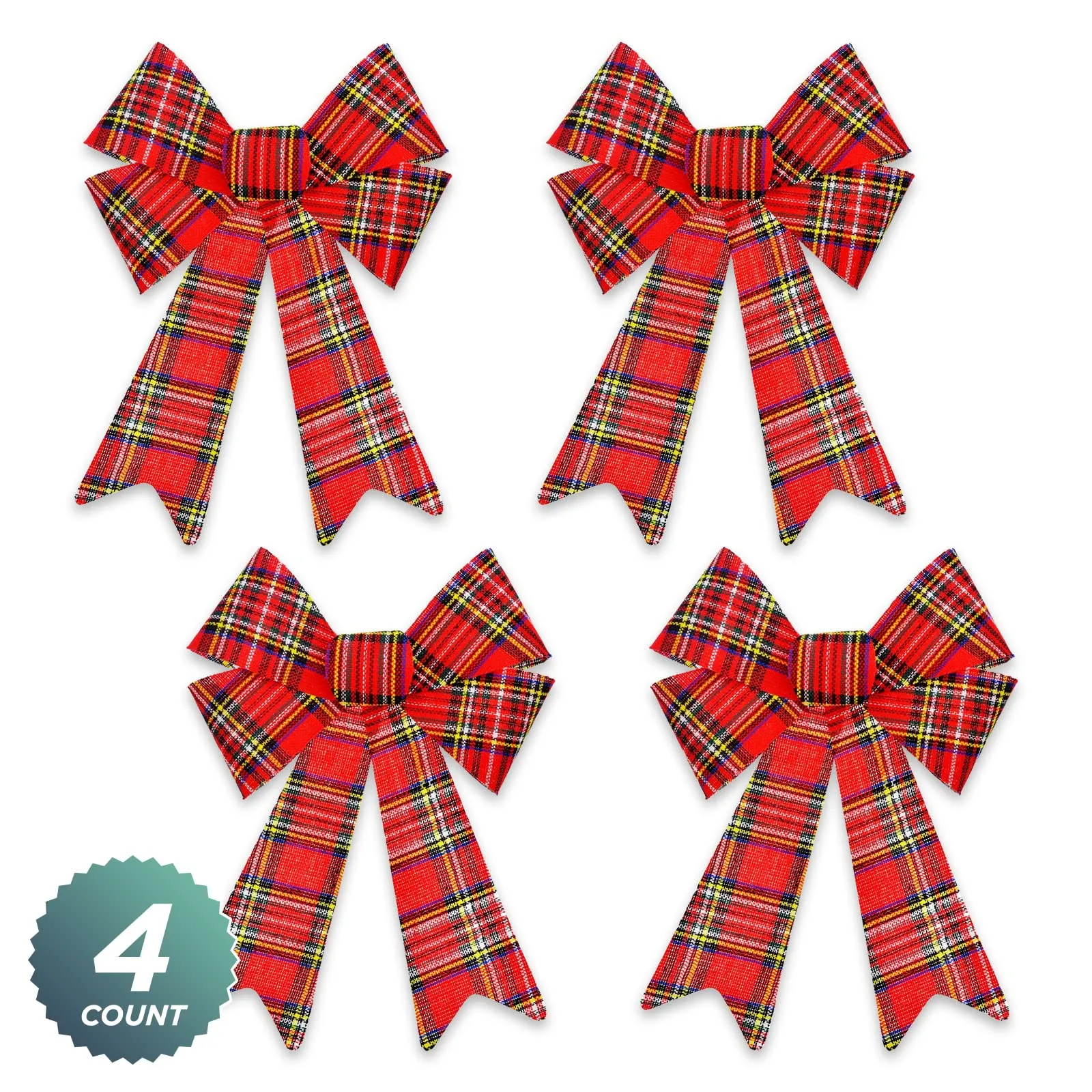 Red Holiday Plaid Bows for Christmas and Holiday Decorations, 9" x 15" Inch (Pack of 4)