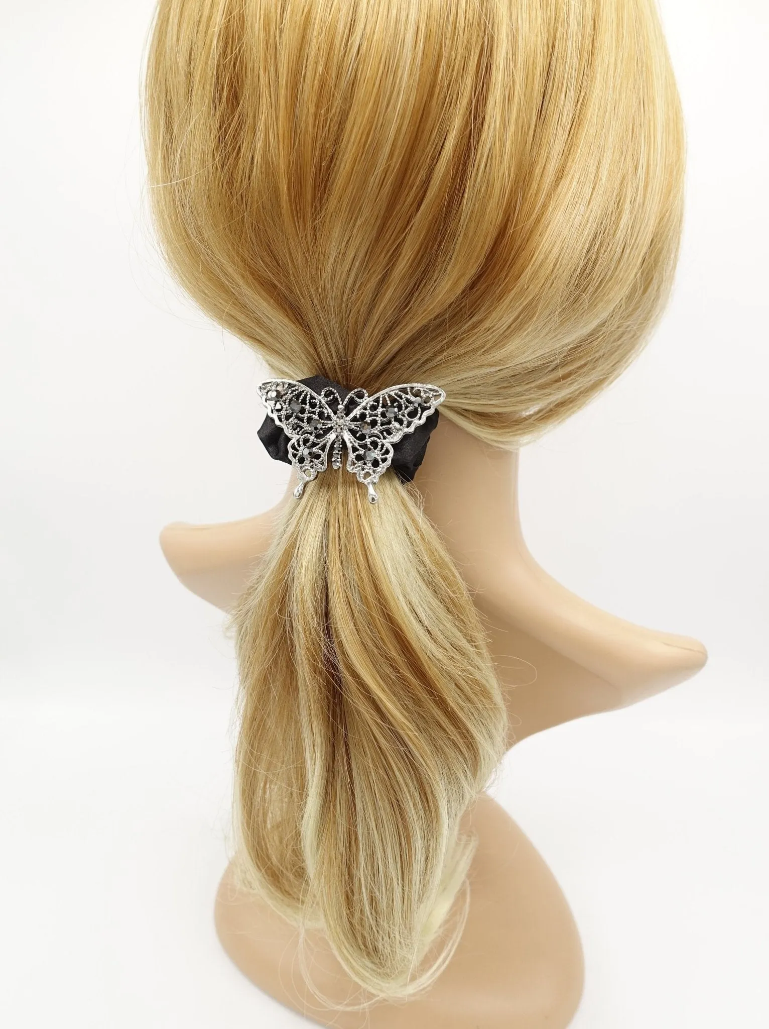 rhinestone embellished butterfly satin scrunchies hair elastic for women
