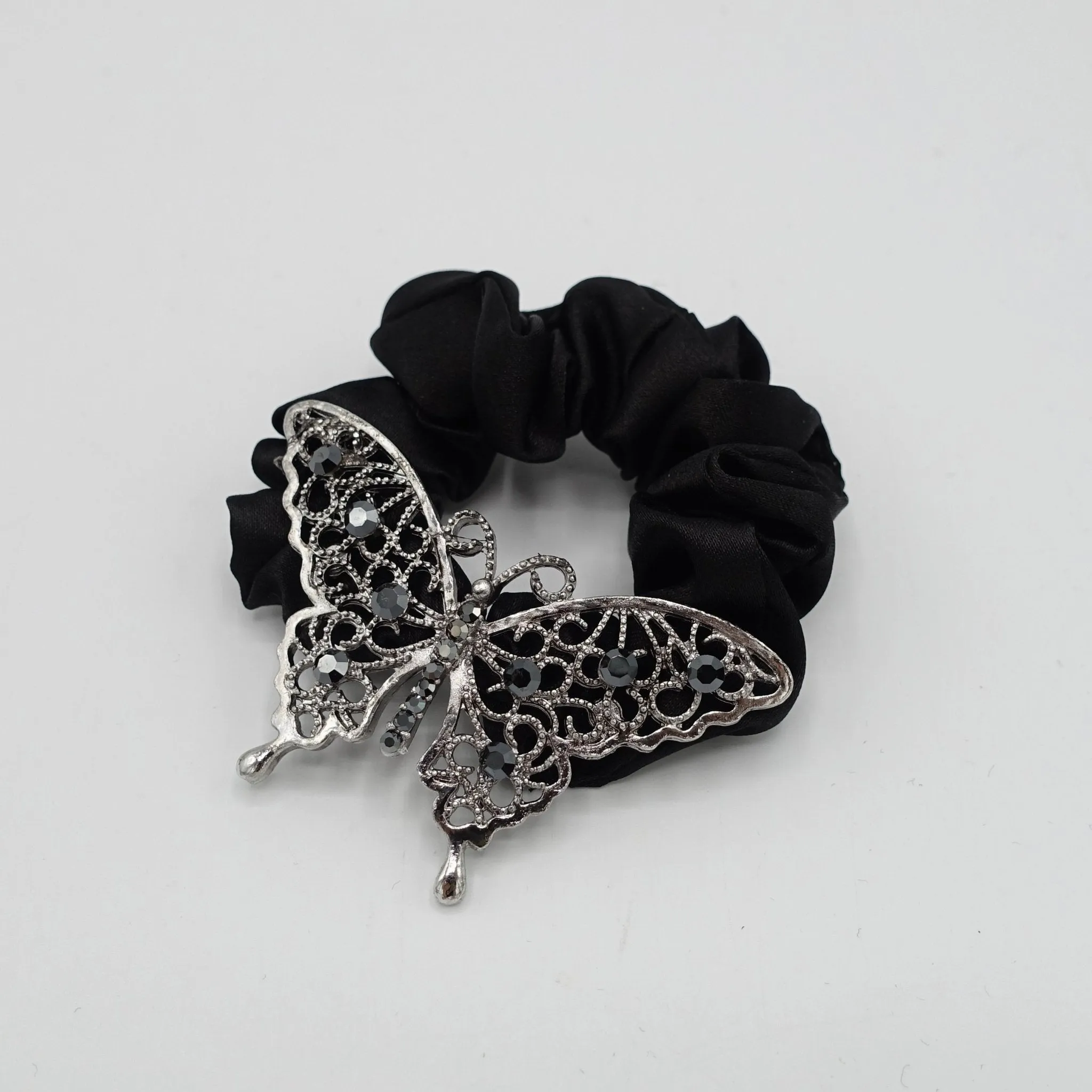 rhinestone embellished butterfly satin scrunchies hair elastic for women