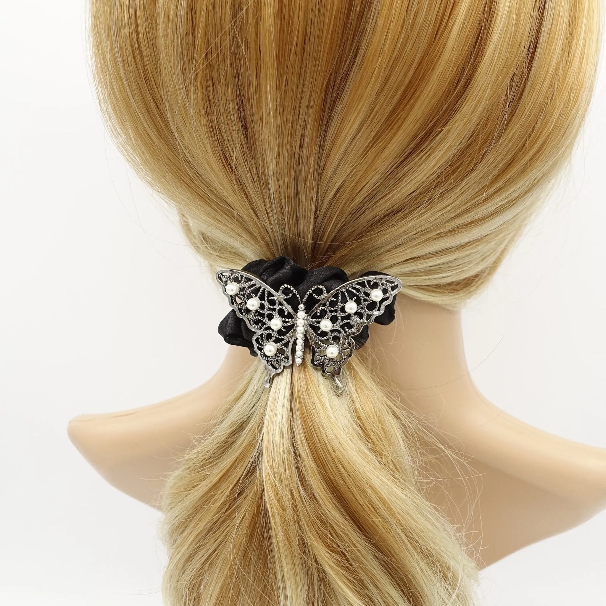 rhinestone embellished butterfly satin scrunchies hair elastic for women