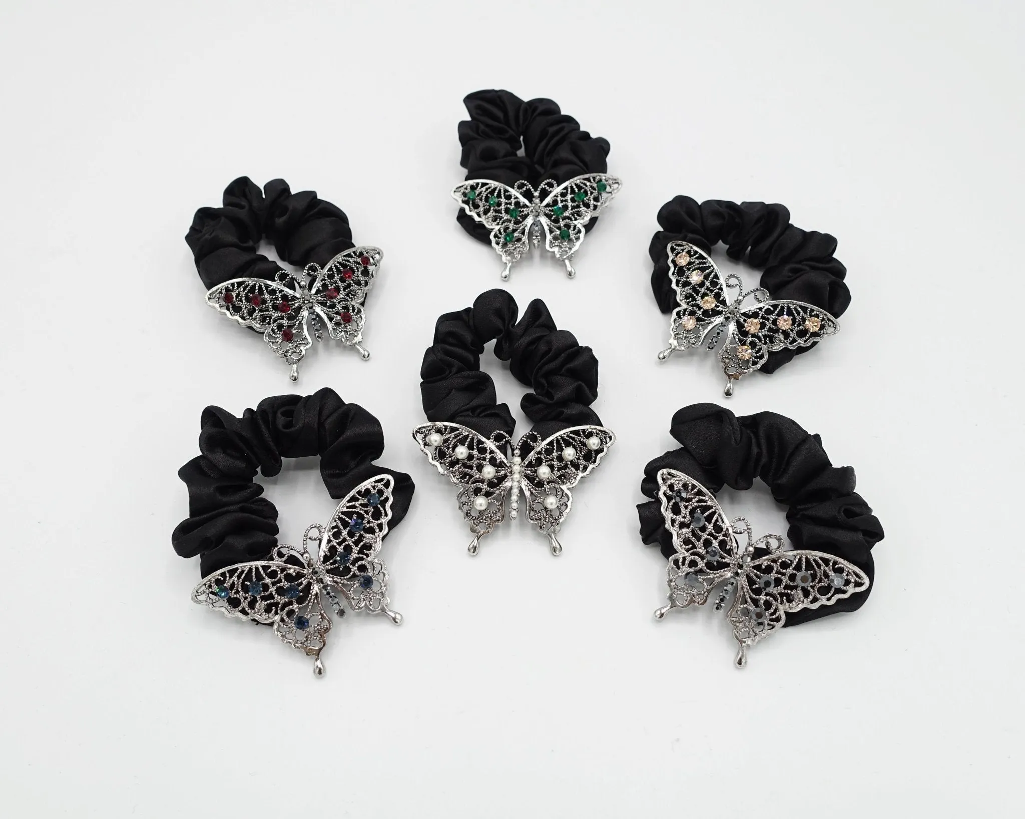 rhinestone embellished butterfly satin scrunchies hair elastic for women