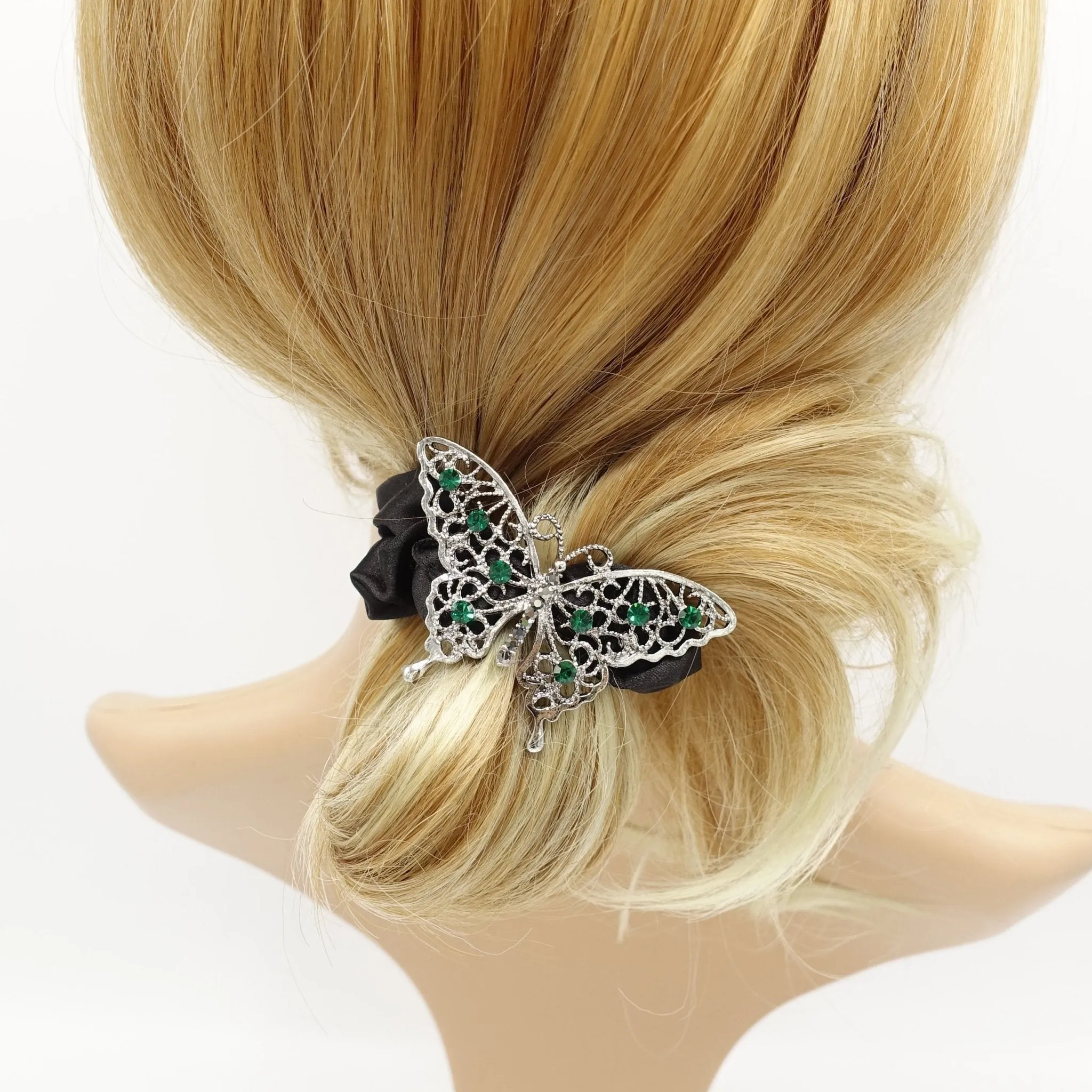 rhinestone embellished butterfly satin scrunchies hair elastic for women