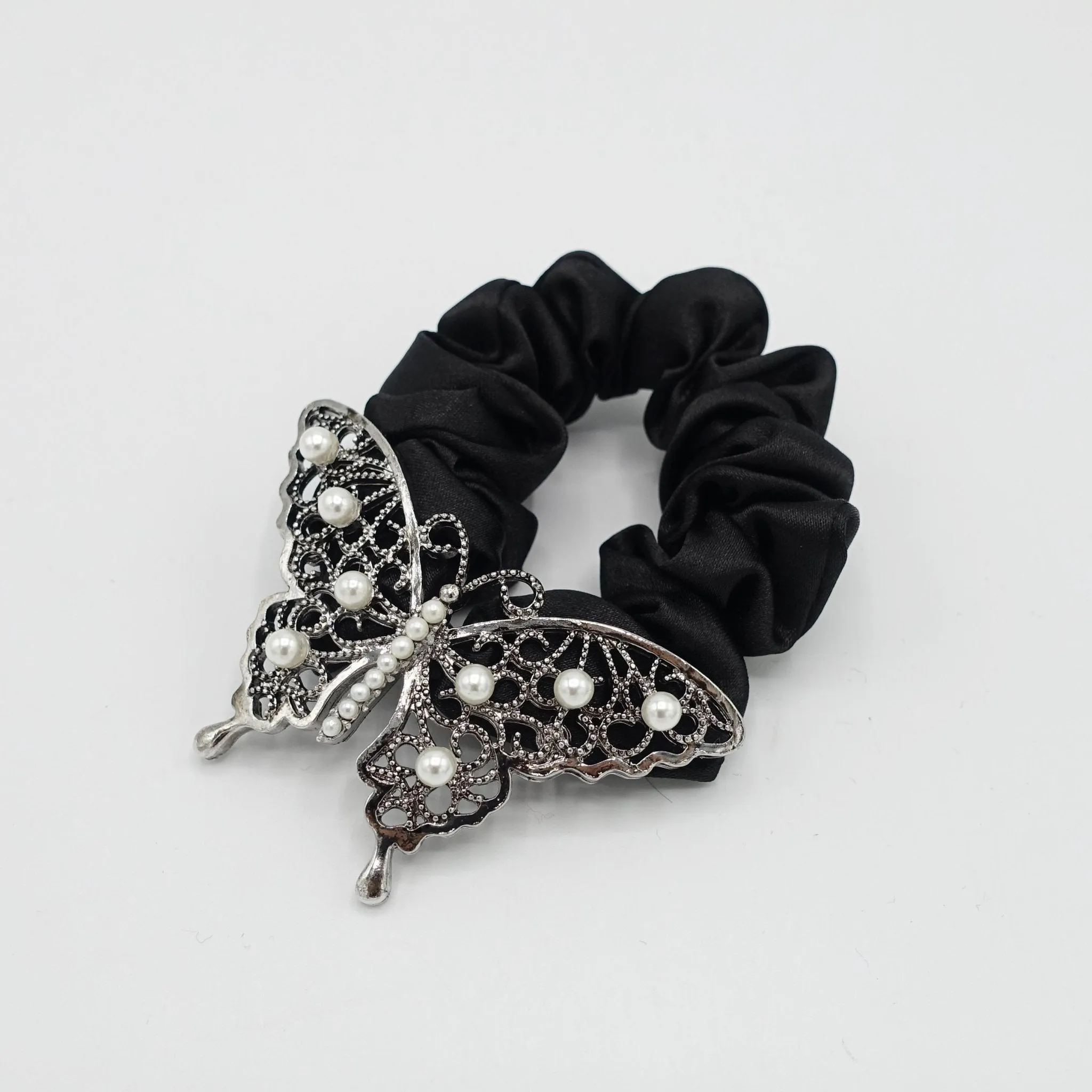 rhinestone embellished butterfly satin scrunchies hair elastic for women