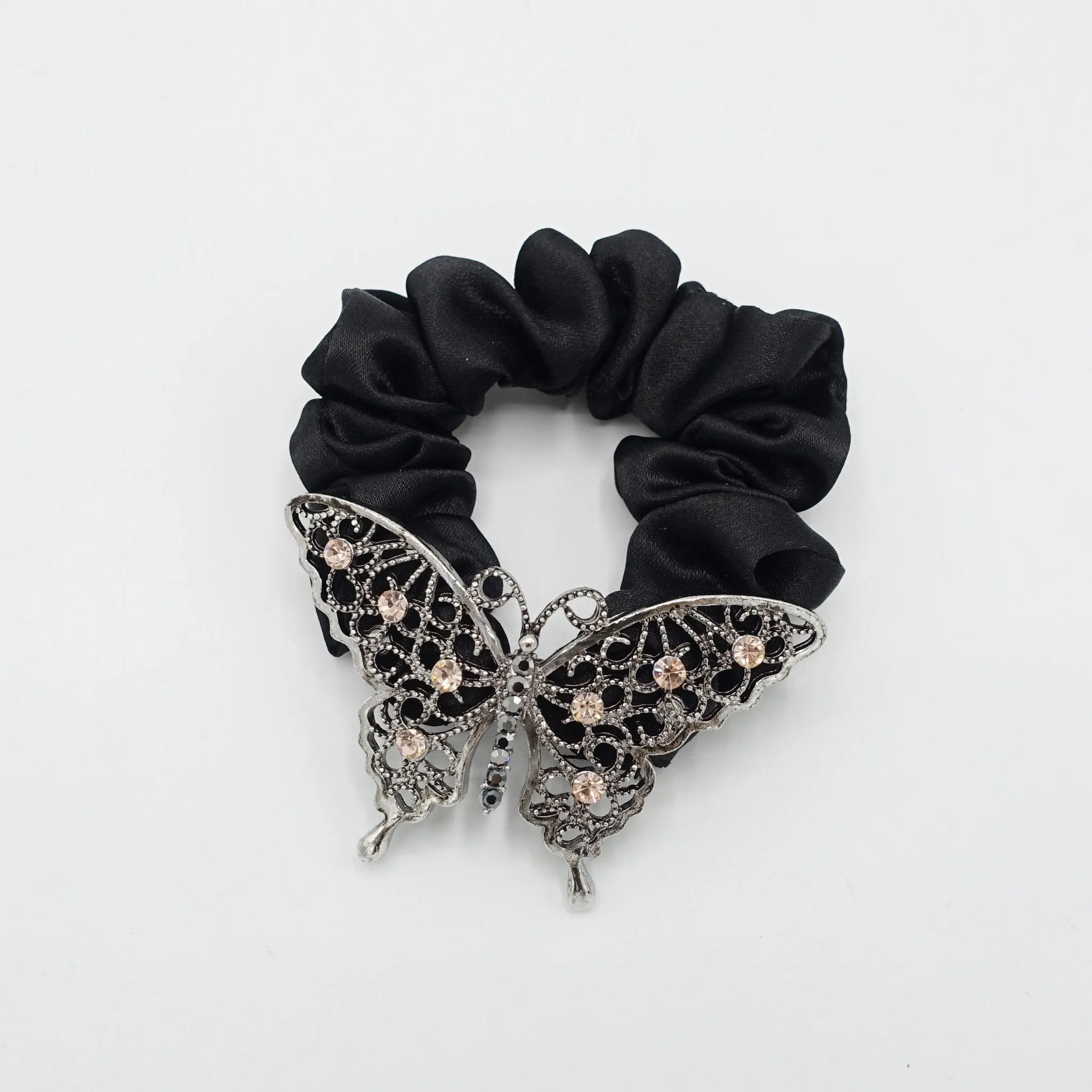 rhinestone embellished butterfly satin scrunchies hair elastic for women