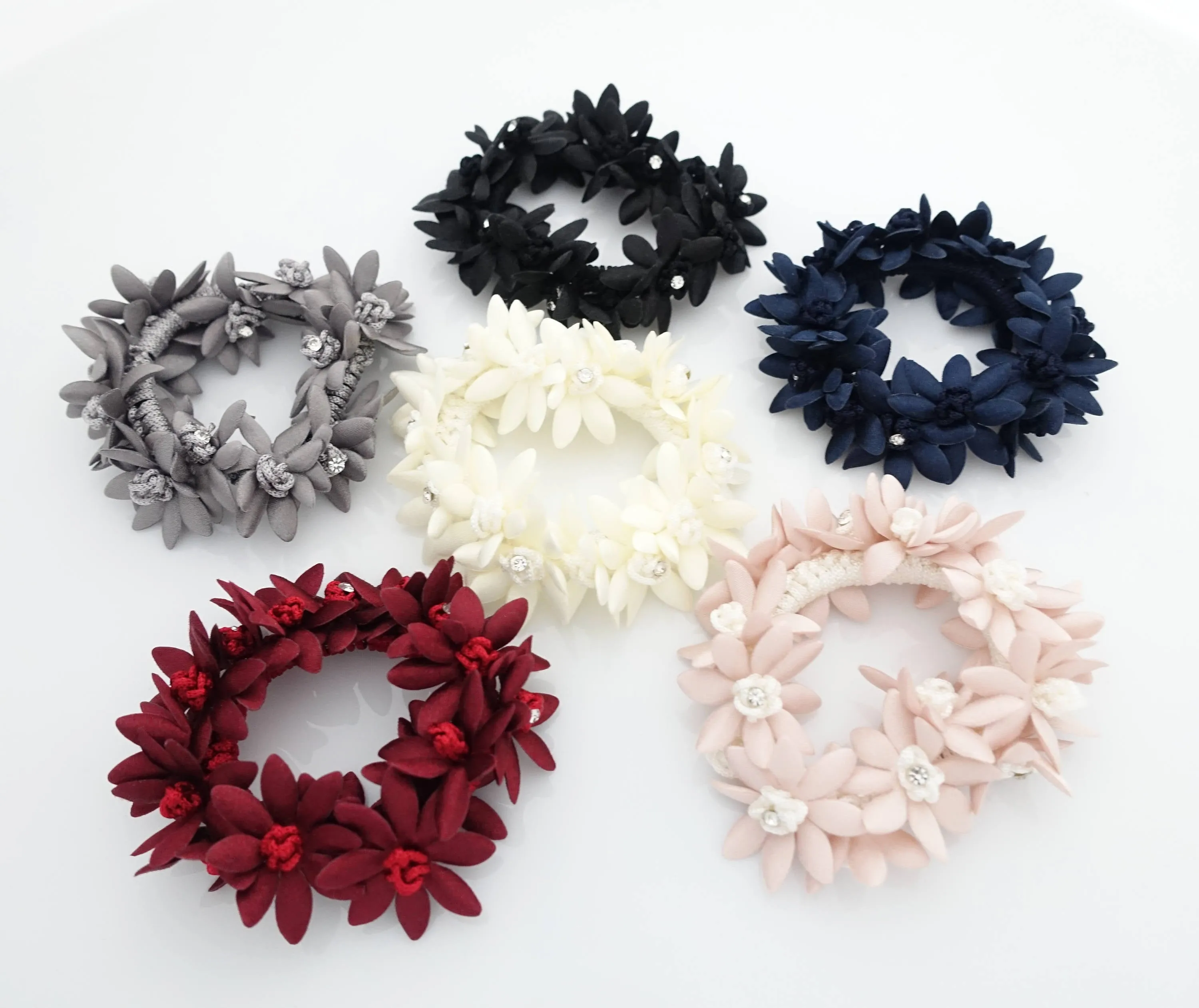 Rhinestone Hair Elastics Flower Petal Crochet Wrapped Elastic Ponytail Holder women hair accessory