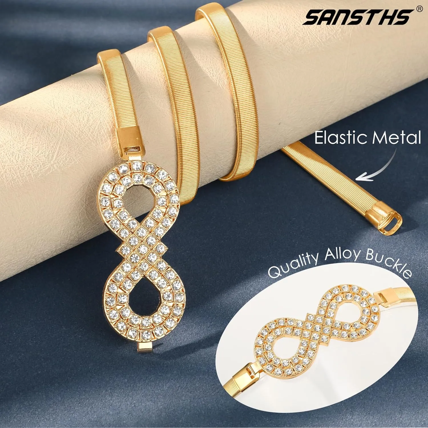 SANSTHS Womens Elastic Thin Metal Waist Belt, Stretch Chain Belt for Dresses, Skinny Rhinestone Adjustable Waistband