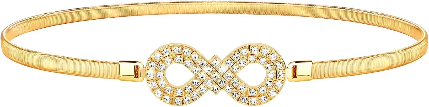 SANSTHS Womens Elastic Thin Metal Waist Belt, Stretch Chain Belt for Dresses, Skinny Rhinestone Adjustable Waistband