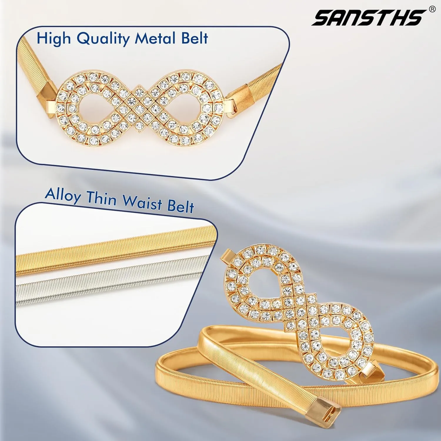 SANSTHS Womens Elastic Thin Metal Waist Belt, Stretch Chain Belt for Dresses, Skinny Rhinestone Adjustable Waistband