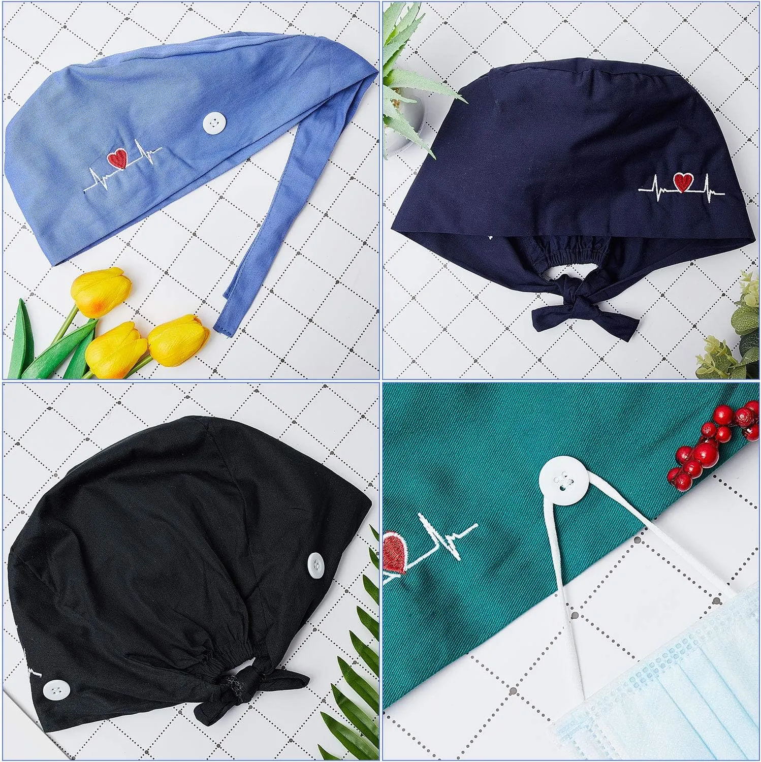 SATINIOR 4 Pieces Working Cap with Buttons, Unisex Bouffant Working Hat with Adjustable Sweatband