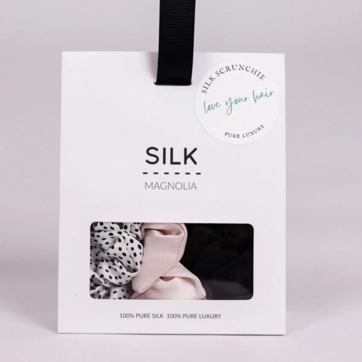 Silk Magnolia 3 Pack Scrunchies Black/Pink/Spotty Dots