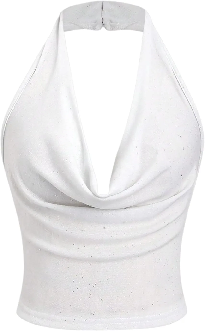 SOLY HUX Women's Halter Top Sparkly Sexy Backless Party Crop Tops Club Rave Festival Outfits Black