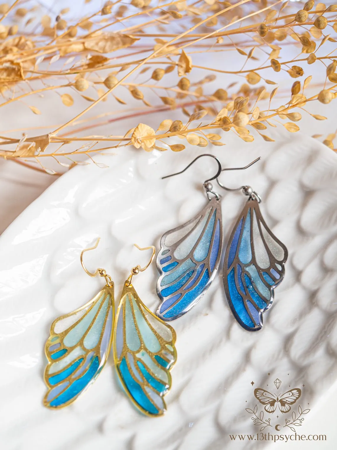 Stained glass inspired Ice fairy wing earrings