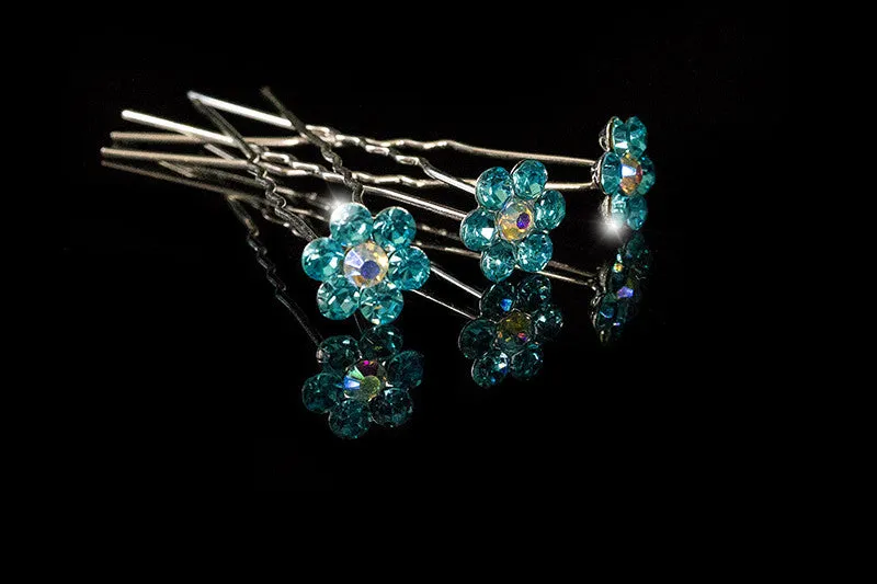 Stella Aqua Blue Flower Hair Stick Pin | Rhinestone