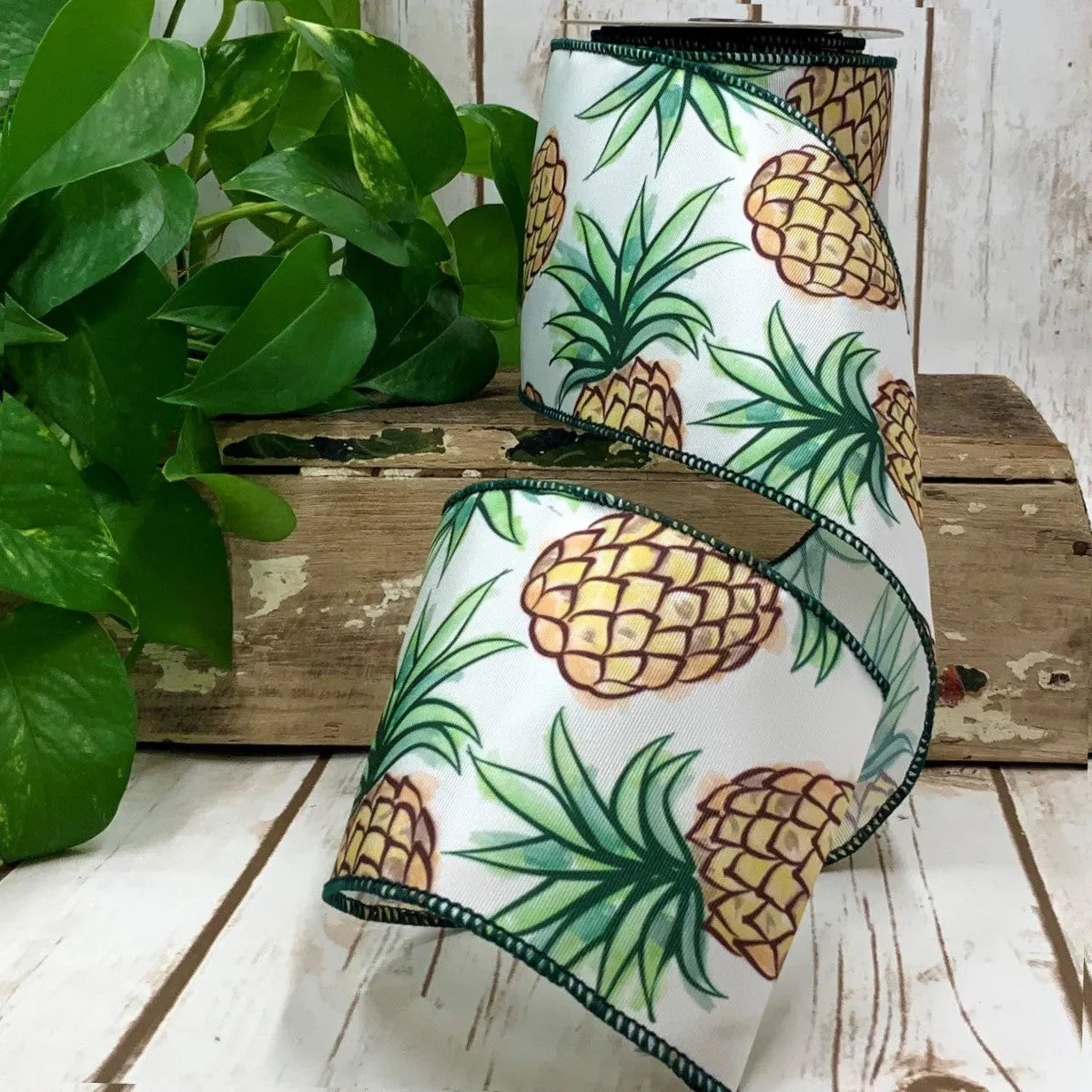 Tropical Pineapple on White Ribbon 4”x10yds