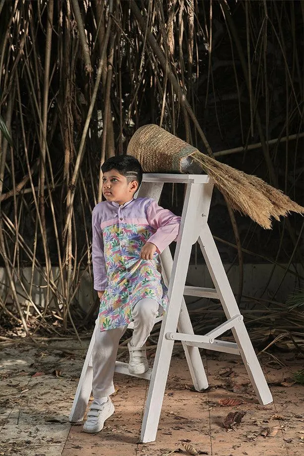 Tropical Print Long Kurta and Off-White Pants Set for Boys