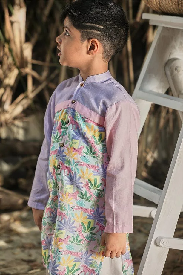 Tropical Print Long Kurta and Off-White Pants Set for Boys