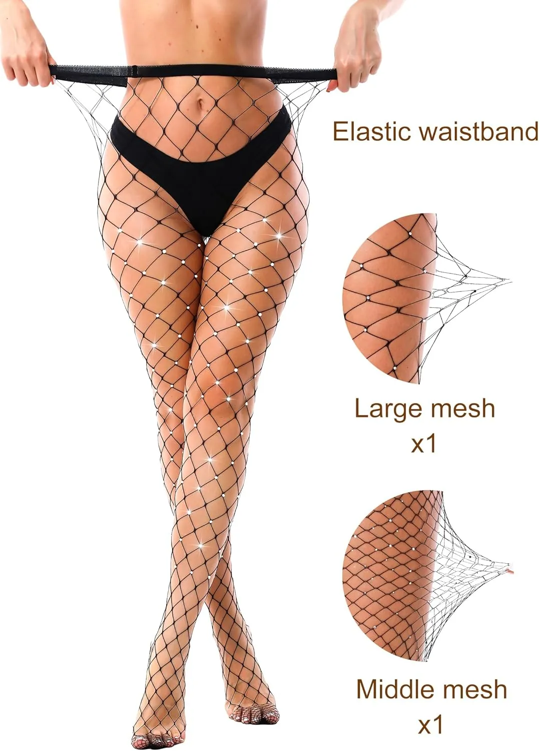 VEBZIN 2 Pack Sparkly Large And Medium Mesh Fishnet Tights For Women Glitter Rhinestone Fishnets Stockings