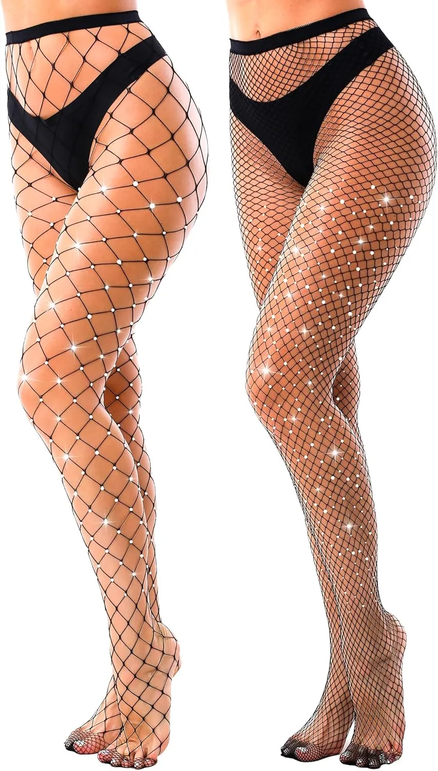 VEBZIN 2 Pack Sparkly Large And Medium Mesh Fishnet Tights For Women Glitter Rhinestone Fishnets Stockings
