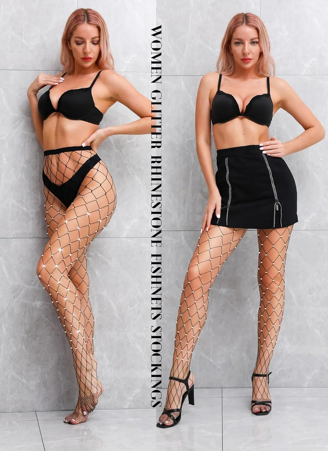 VEBZIN 2 Pack Sparkly Large And Medium Mesh Fishnet Tights For Women Glitter Rhinestone Fishnets Stockings