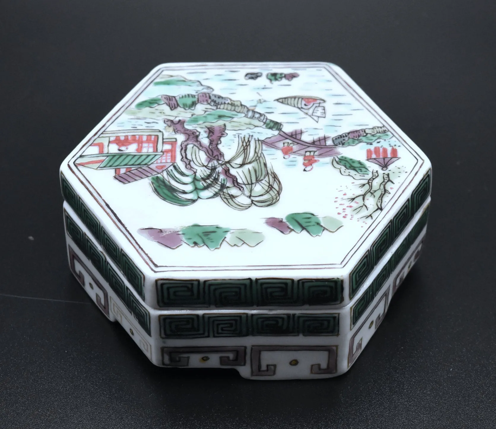 Vintage Hand Painted Ceramic Hexagonal Trinket Lidded Box