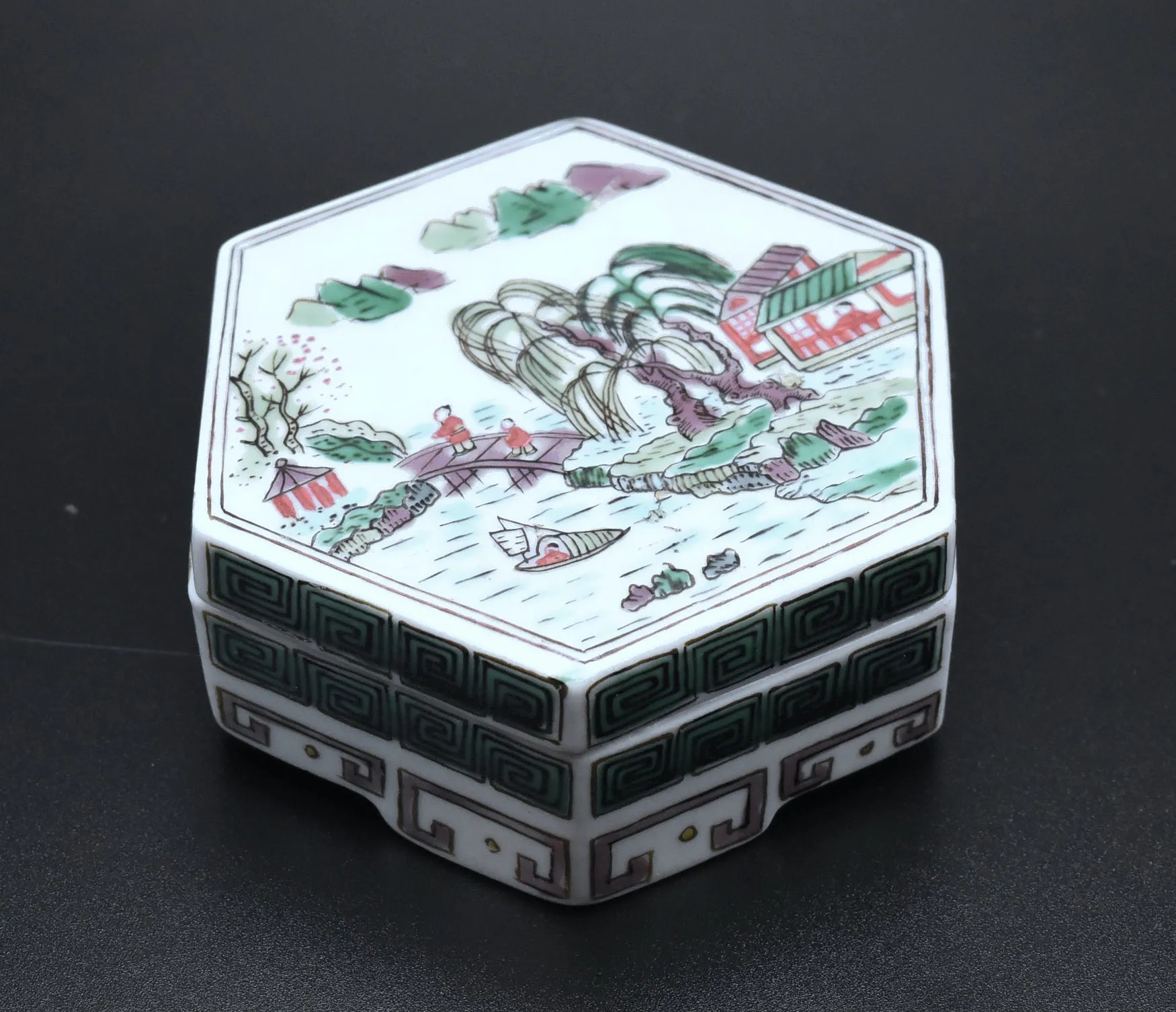 Vintage Hand Painted Ceramic Hexagonal Trinket Lidded Box