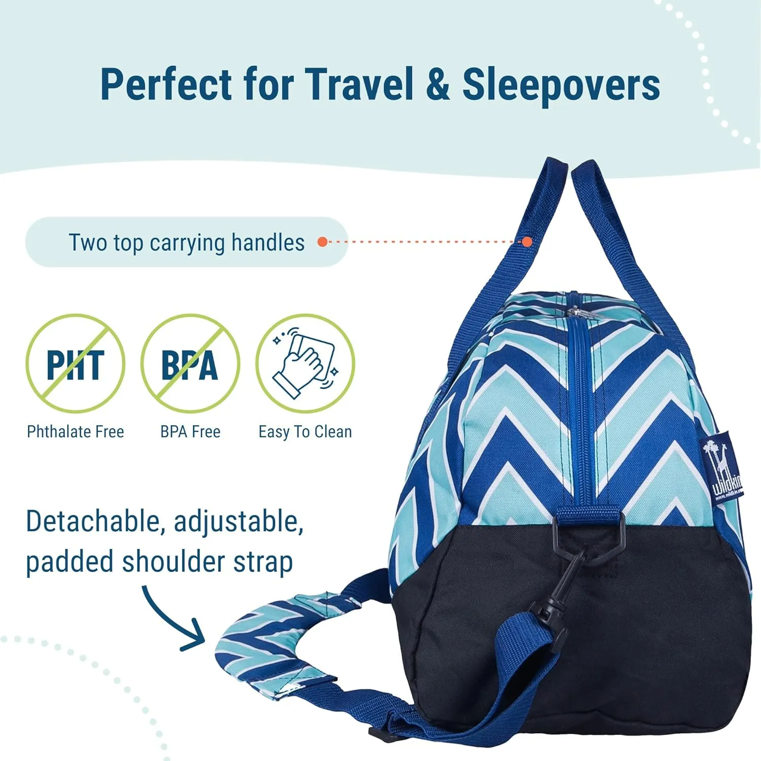 Wildkin Kids Overnighter Duffel Bag  Carry-On Size, Ideal for School & Sleepovers  Chevron Blue