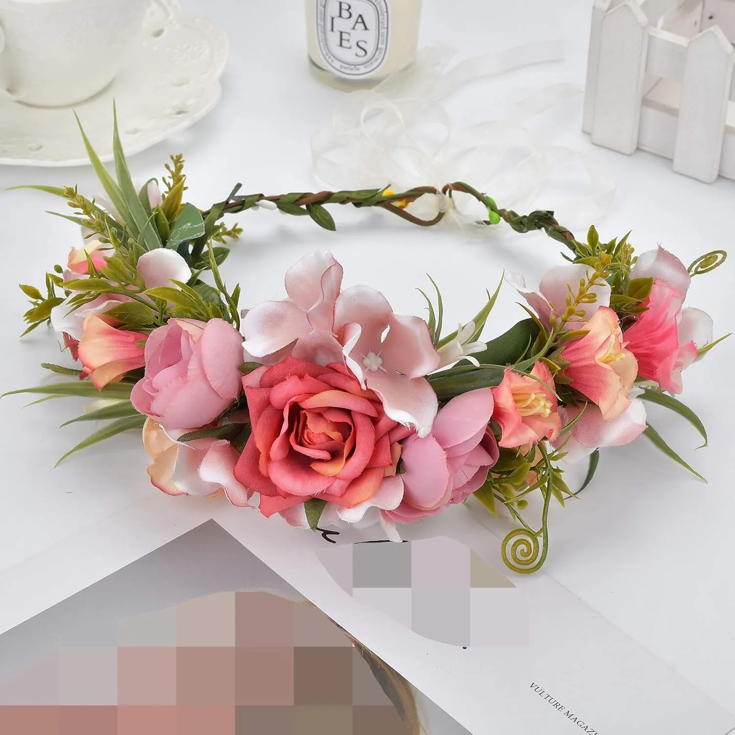 Women Floral Crown Boho Flower Headband Hair Wreath Floral Halo Headpiece with Ribbon Wedding Party Photos Rosy