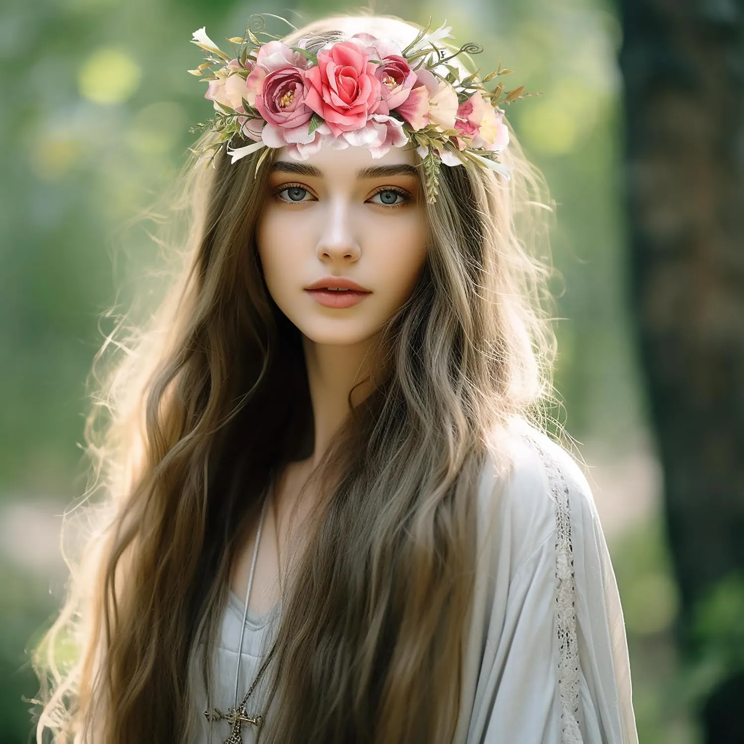 Women Floral Crown Boho Flower Headband Hair Wreath Floral Halo Headpiece with Ribbon Wedding Party Photos Rosy