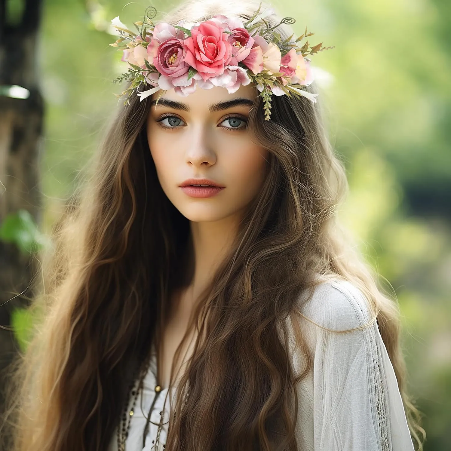 Women Floral Crown Boho Flower Headband Hair Wreath Floral Halo Headpiece with Ribbon Wedding Party Photos Rosy