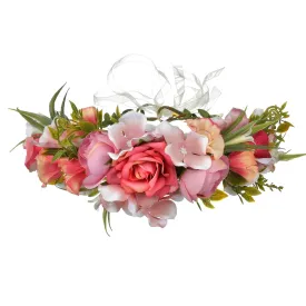 Women Floral Crown Boho Flower Headband Hair Wreath Floral Halo Headpiece with Ribbon Wedding Party Photos Rosy