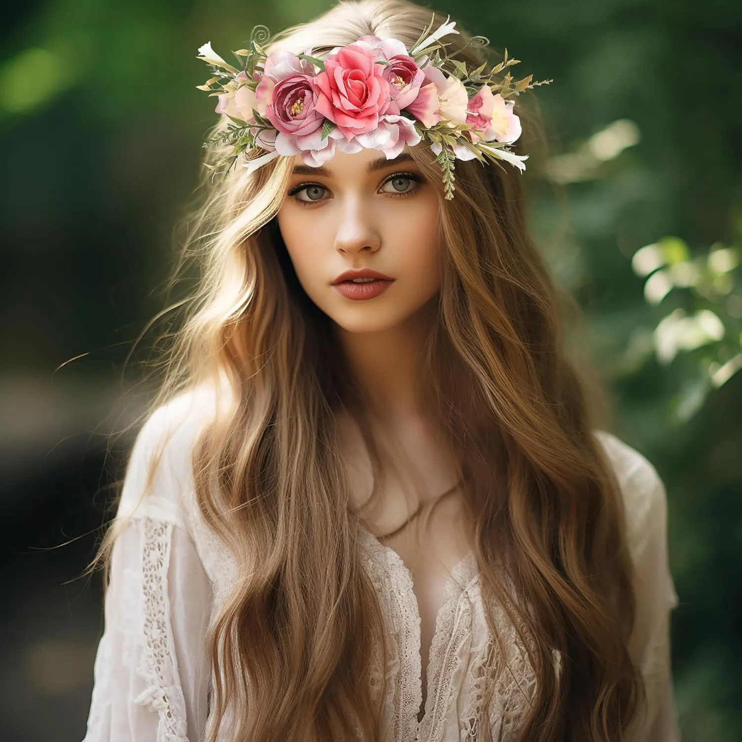 Women Floral Crown Boho Flower Headband Hair Wreath Floral Halo Headpiece with Ribbon Wedding Party Photos Rosy