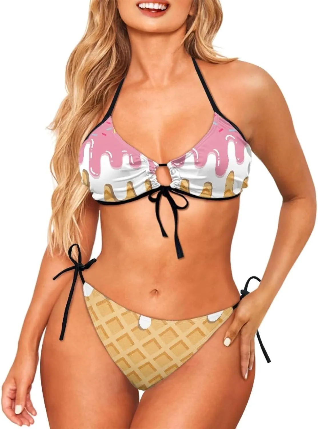 Womens Sexy Cut Out Swimsuits Lace Up Cheeky String Bikini Hollow-Carved Brazilian Bra Panty, Halter Bathing Suits