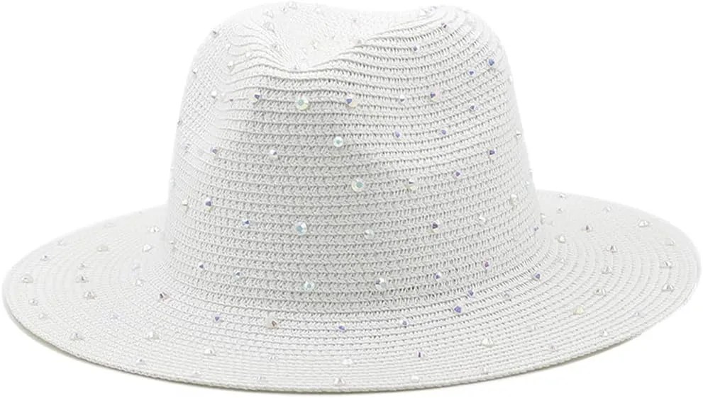 Womens Wide Brim Straw Panama Hat Jazz Hat with Fake Rhinestone Large Brim Fedora Summer Beach Travel Sun Hat