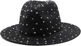 Womens Wide Brim Straw Panama Hat Jazz Hat with Fake Rhinestone Large Brim Fedora Summer Beach Travel Sun Hat