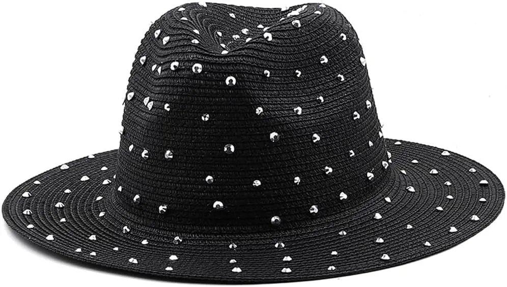 Womens Wide Brim Straw Panama Hat Jazz Hat with Fake Rhinestone Large Brim Fedora Summer Beach Travel Sun Hat