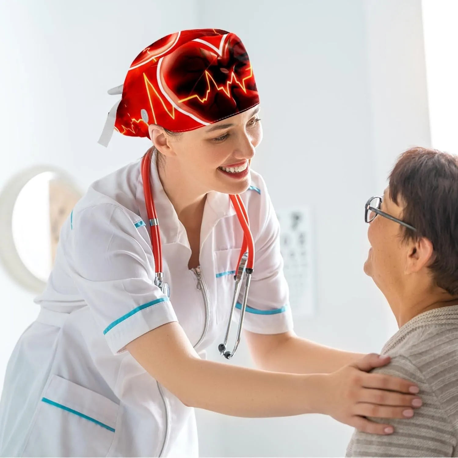 Womens Working Cap Scrub Hats with Bow Scrunchies, Heart Beat Pattern Bouffant Surgical Cap Ponytail Holder
