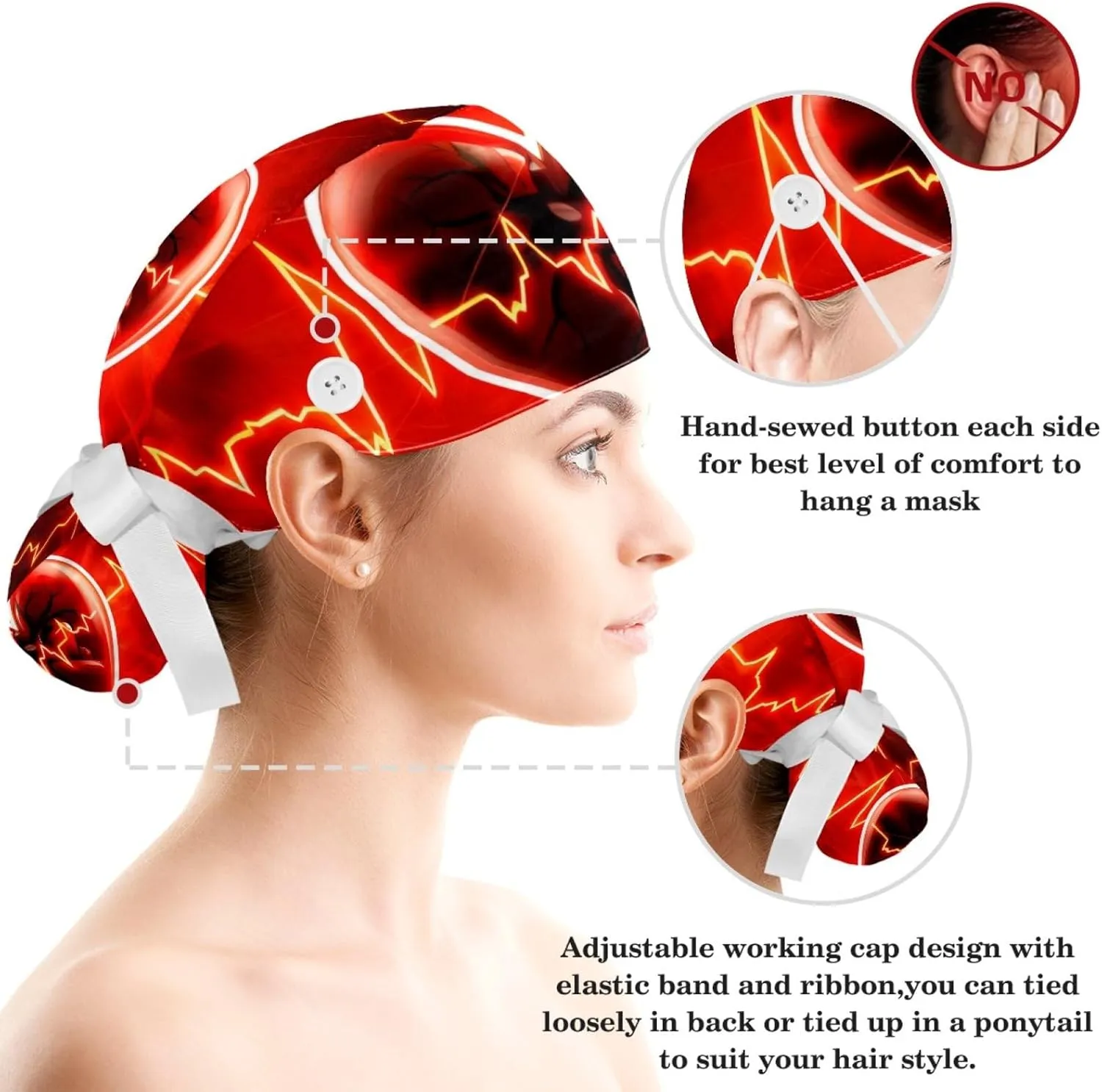 Womens Working Cap Scrub Hats with Bow Scrunchies, Heart Beat Pattern Bouffant Surgical Cap Ponytail Holder