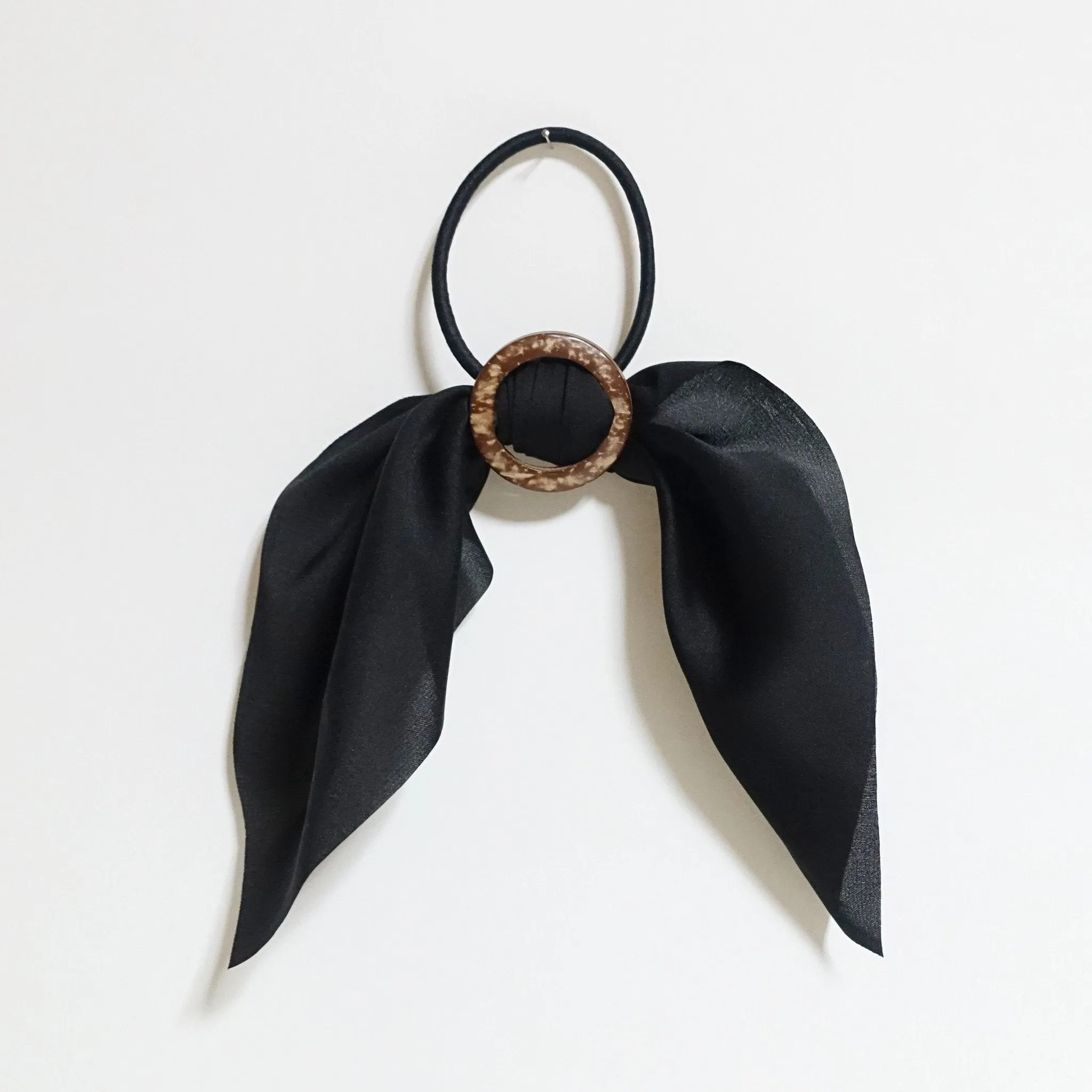 Wood Buckle Decorated Satin Wing Bow Hair Elastics Ponytail Holder